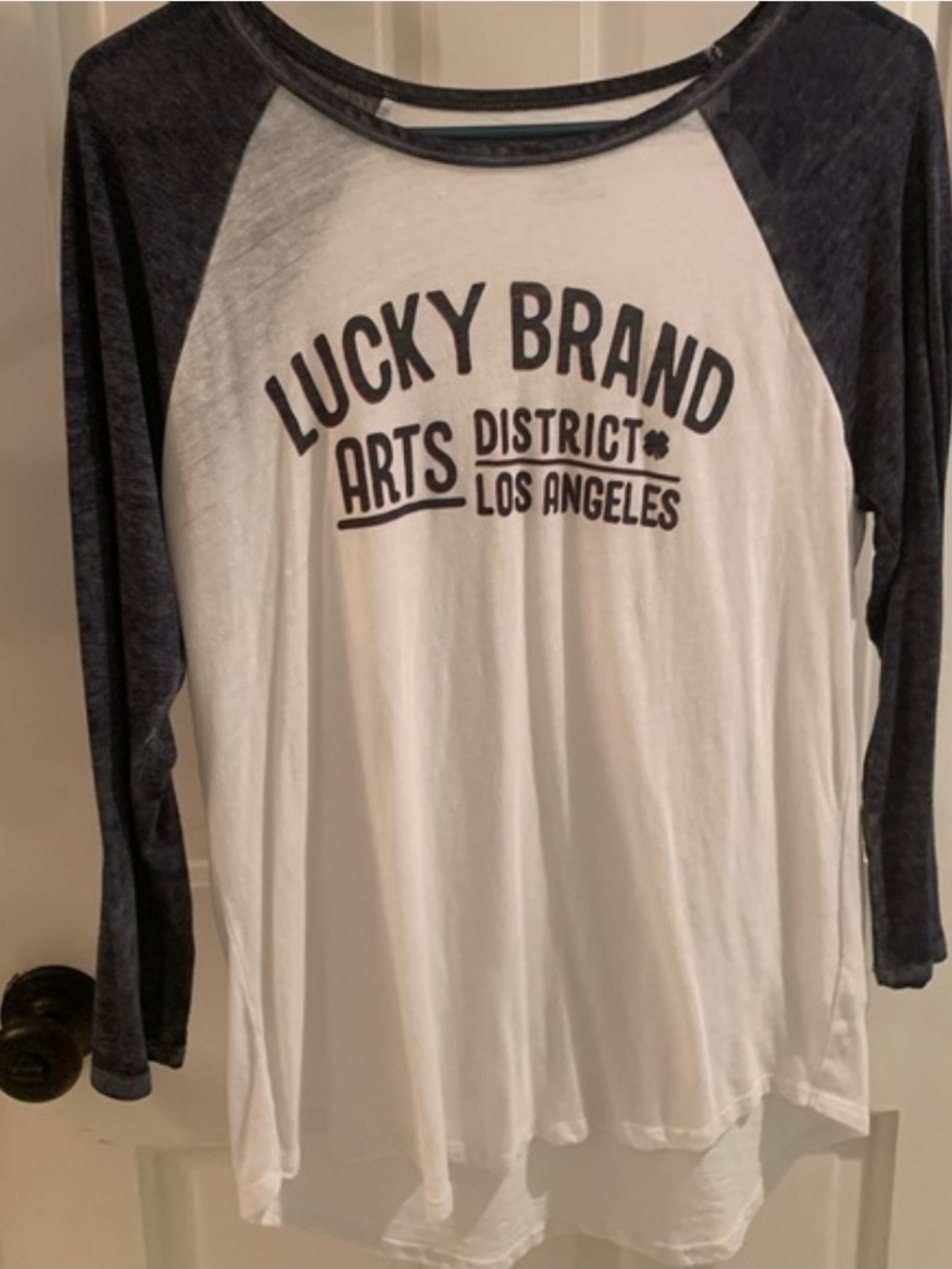Lucky Brand Size Medium White and Navy Raglan Graphic Tee